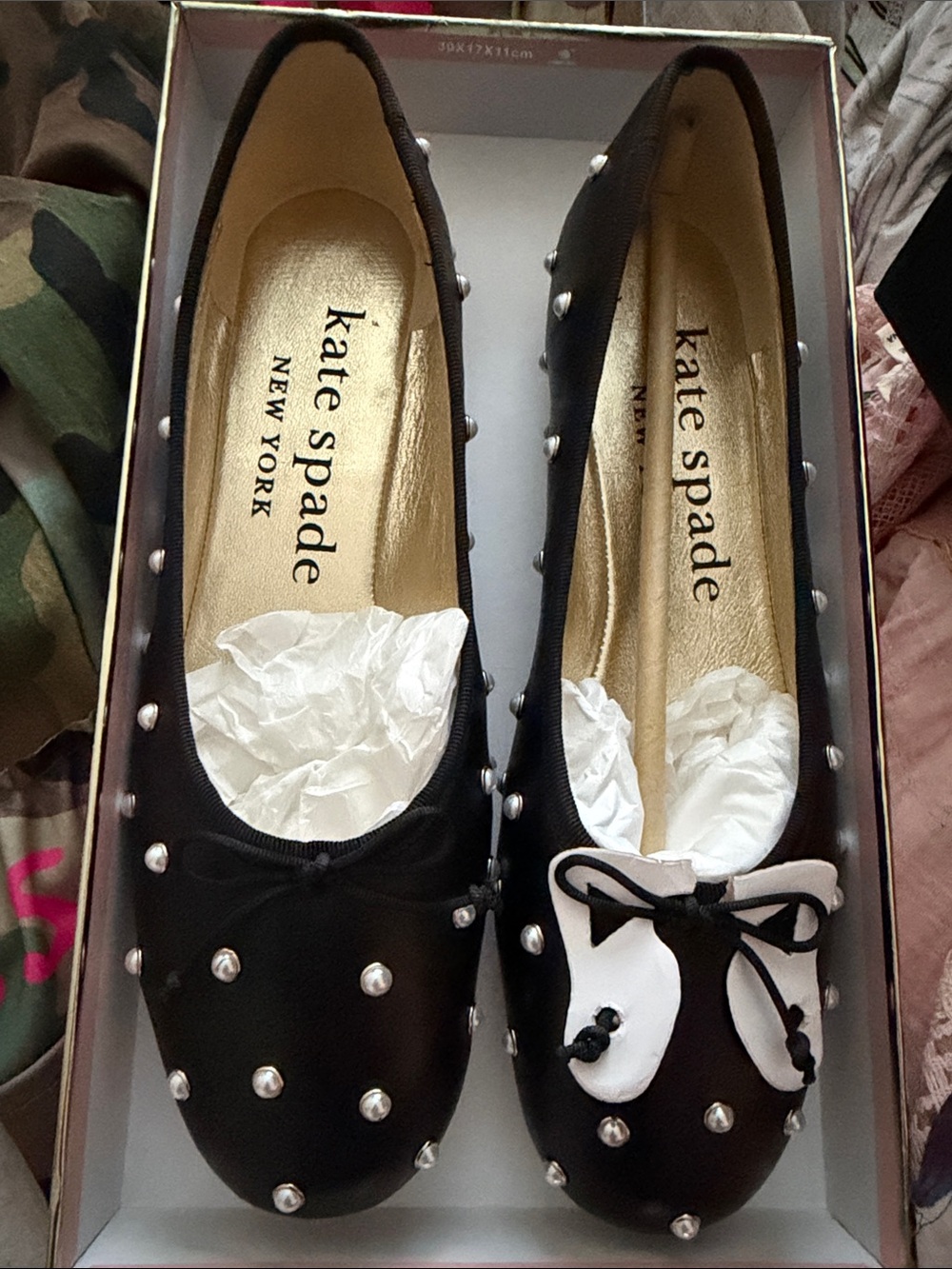 kate spade black ballet flats with pearl studs and bow